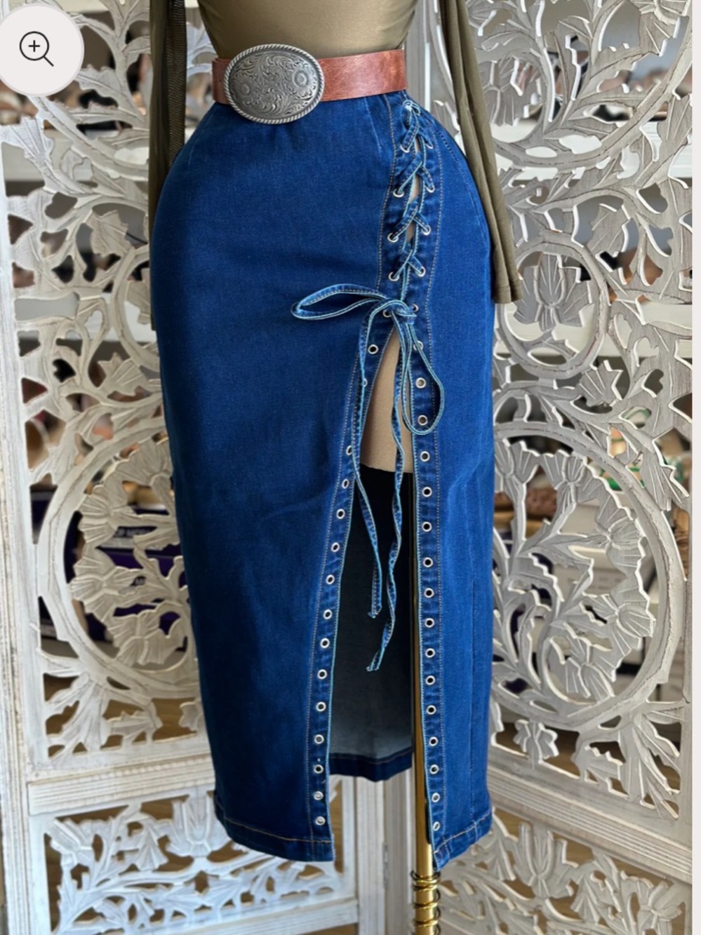 High-Waist Lace-Up Denim Midi Skirt